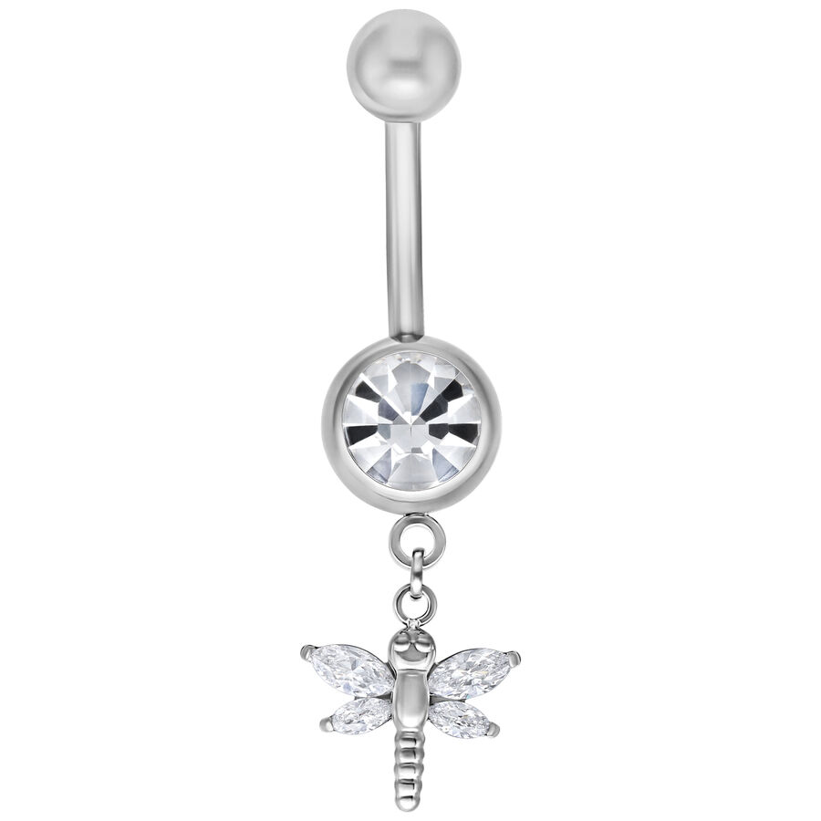 Piercing all'ombelico in argento con pendente a forma di libellula e cristallo trasparente su sfondo bianco