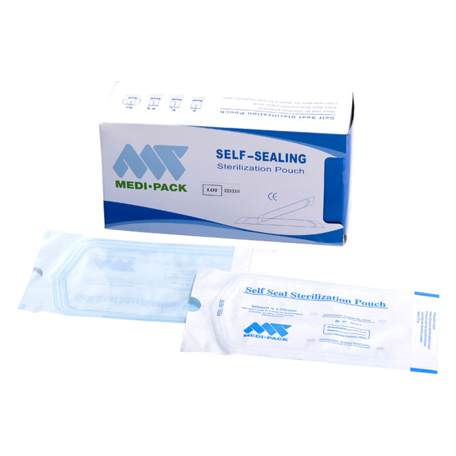 Sacchetti sterilizzanti trasparenti con confezione blu e logo