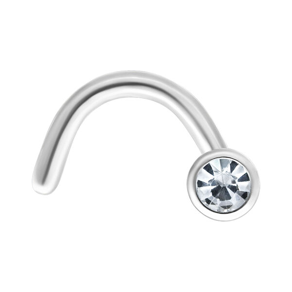 Piercing nasal de oro blanco con cristal claro sobre fondo blanco