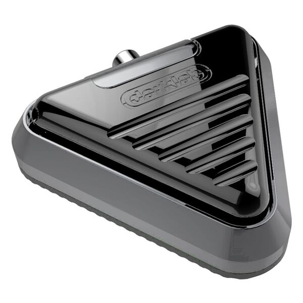Pedal de pie Delta triangular de aluminio en negro y gris sobre fondo blanco