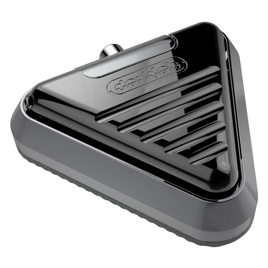 Pedal de pie Delta triangular de aluminio en negro y gris sobre fondo blanco