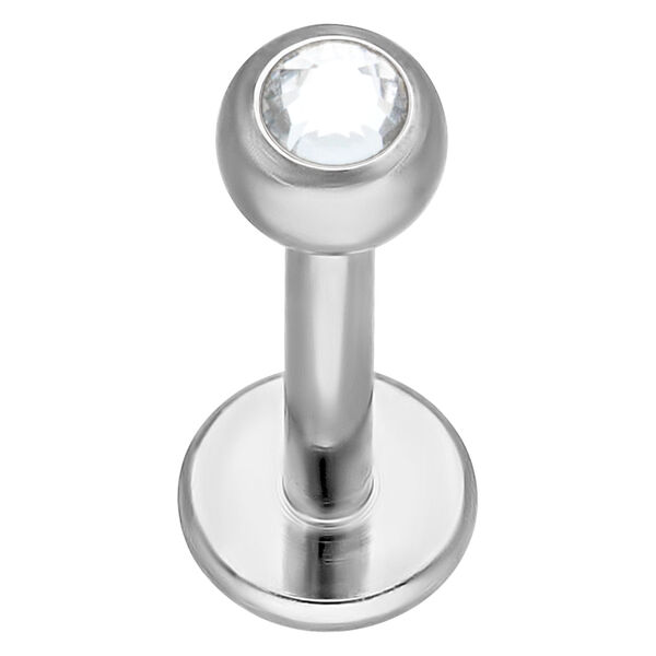 Hopeinen titaaninen labret kirkkaalla kristallilla valkoisella taustalla