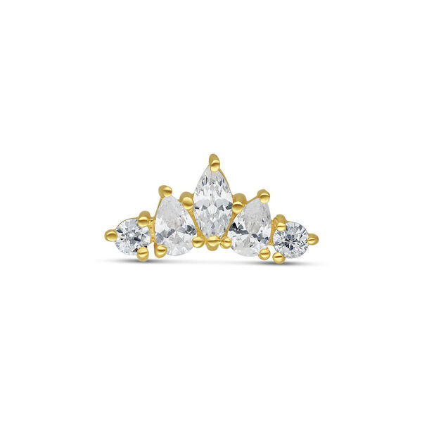 Aplique de tiara dorado con cristales claros sobre fondo blanco