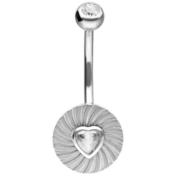 Banana bar in argento con cristallo a forma di cuore e design zigrinato su sfondo bianco