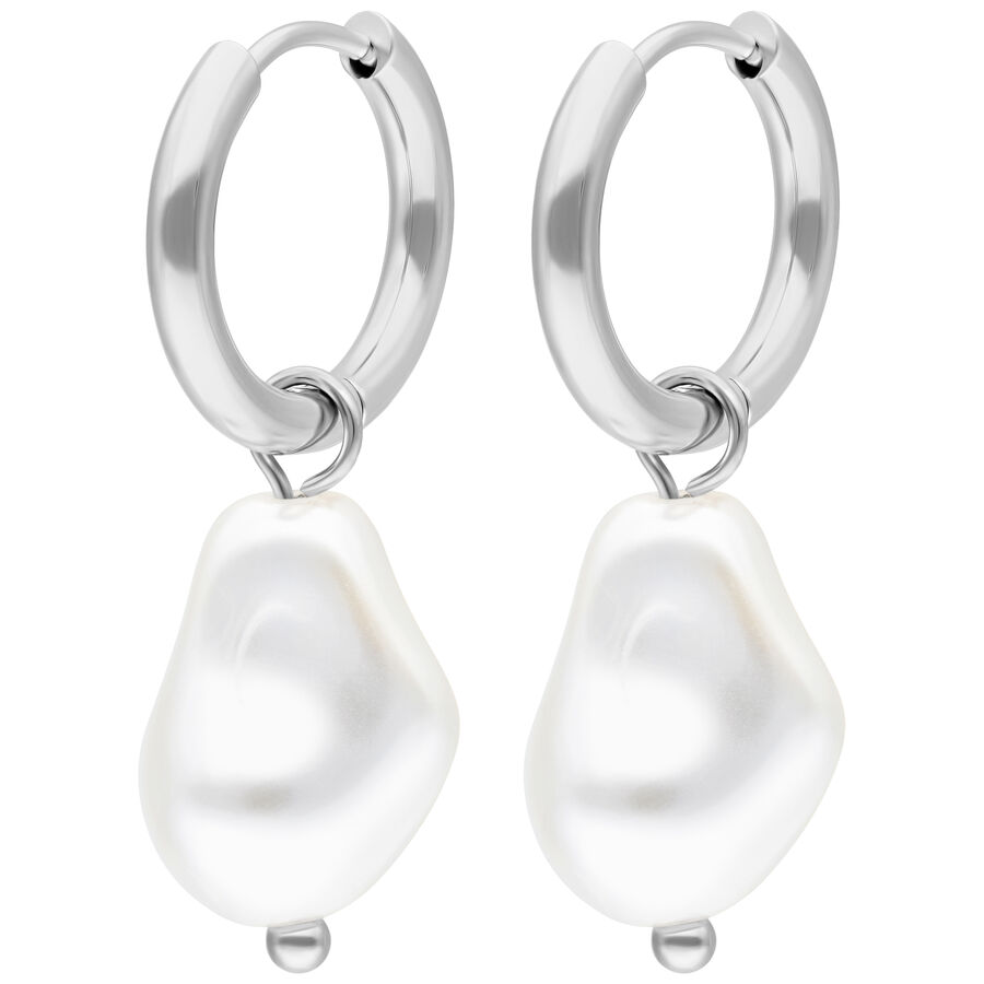Orecchini in acciaio inox argentato con perle barocche su sfondo bianco