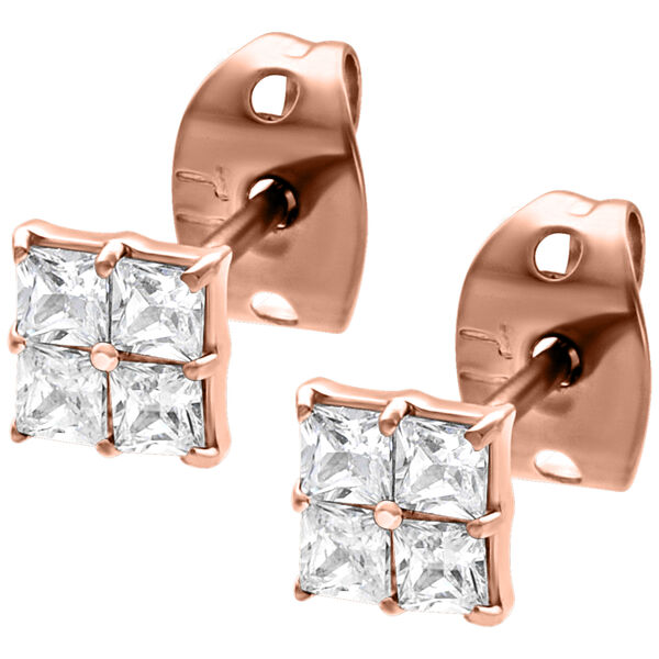 Pendientes cuadrados de oro rosa con cristales claros sobre fondo blanco