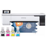 Stampante Epson bianca di grande formato con quattro flaconi di inchiostro su sfondo bianco
