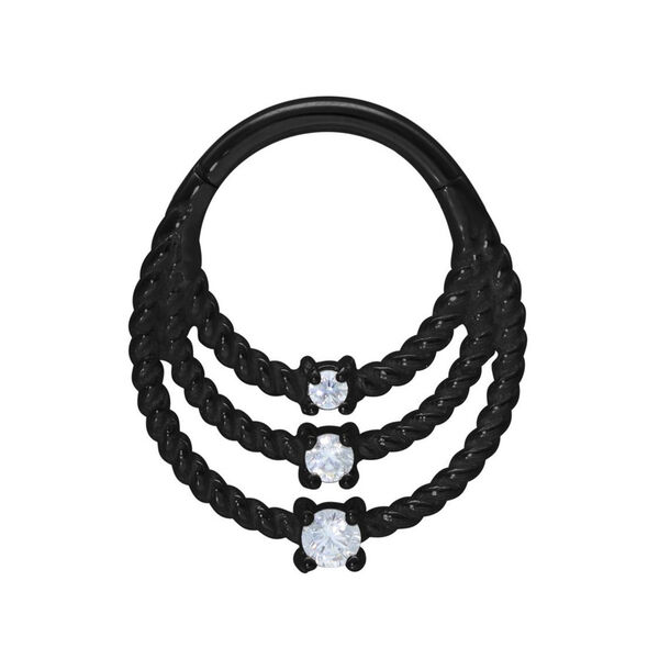 Triplo anello nero intrecciato con cristalli chiari su sfondo bianco