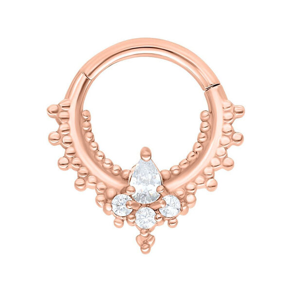 Anillo de piercing en rosado dorado con decoración de cristales sobre fondo blanco