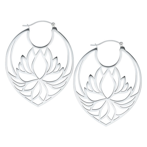 Paar silberne Lotus Hoops Ohrringe aus Chirurgenstahl auf weißem Hintergrund