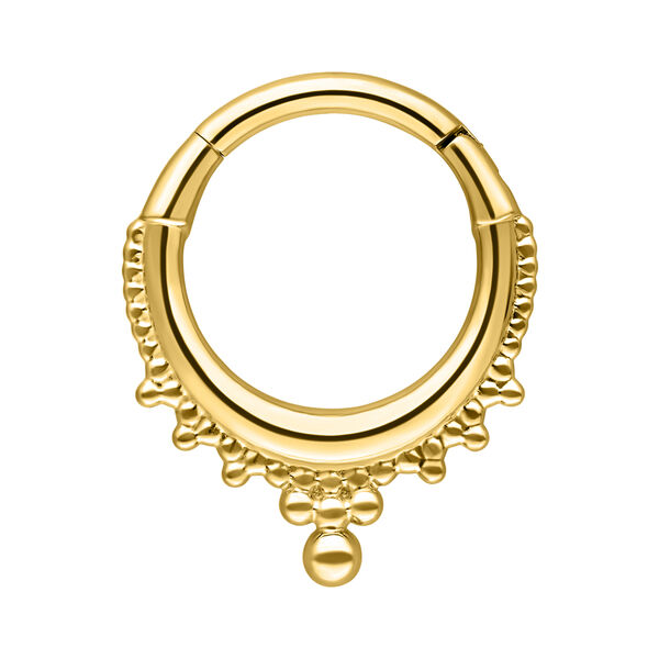 Anillo de piercing dorado con diseño de corona, hecho de acero quirúrgico sobre fondo blanco