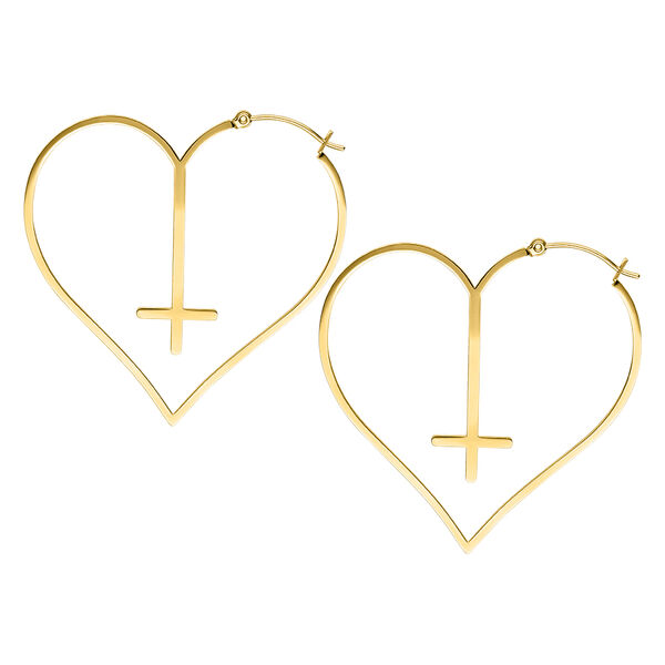 Dos aros dorados en forma de corazón con cruz sobre fondo blanco