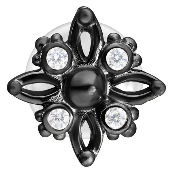 Schwarzes Push-Fit Labret mit sternförmigem Design und kristallklaren Steinen auf weißem Hintergrund
