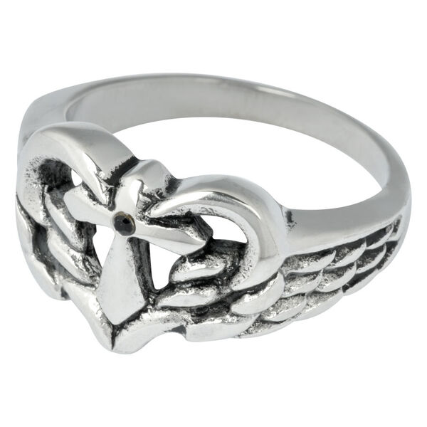 Silberner Ring mit Kreuz und Flügeln, schwarzer Kristall, Chirurgenstahl