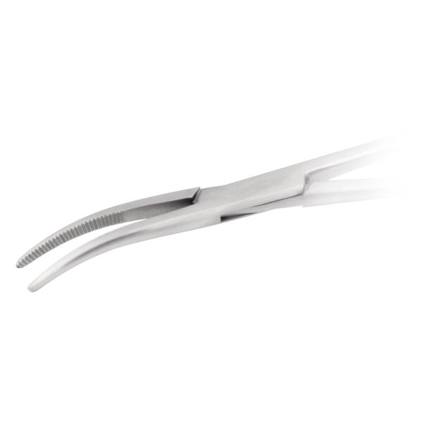 Pinza arteriosa curva in acciaio inox su sfondo bianco