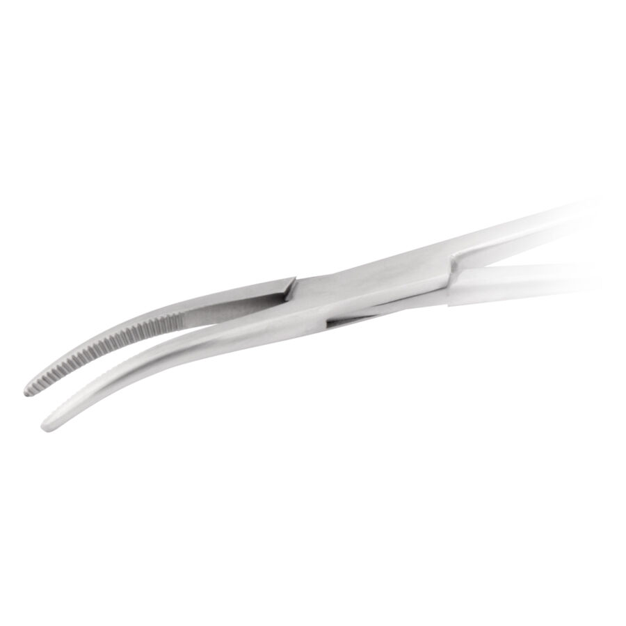 Pinza arteriosa curva in acciaio inox su sfondo bianco