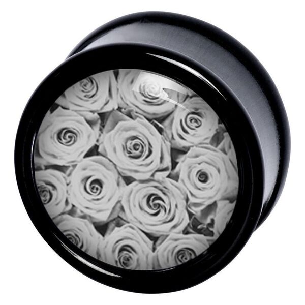 Schwarzer Plug mit Rosenmotiv, glänzende Oberfläche, runde Form
