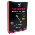 Confezione nera con piercing barbell argentato e etichetta in titanio