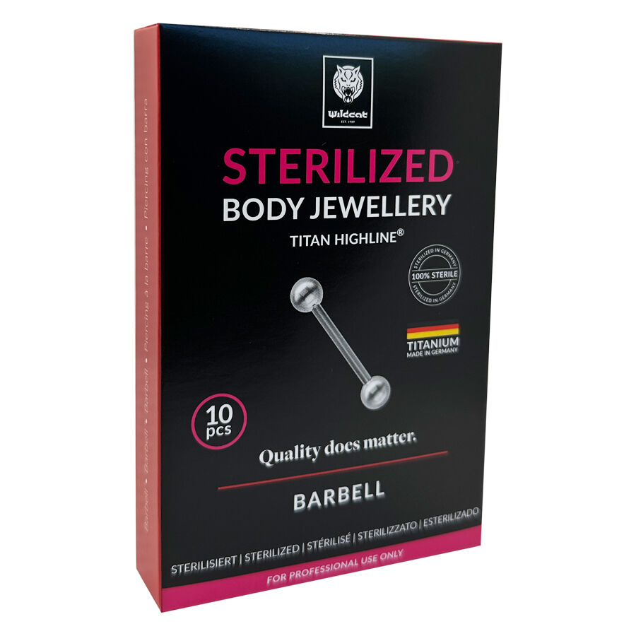 Empaque negro con piercing barbell plateado y etiqueta de titanio