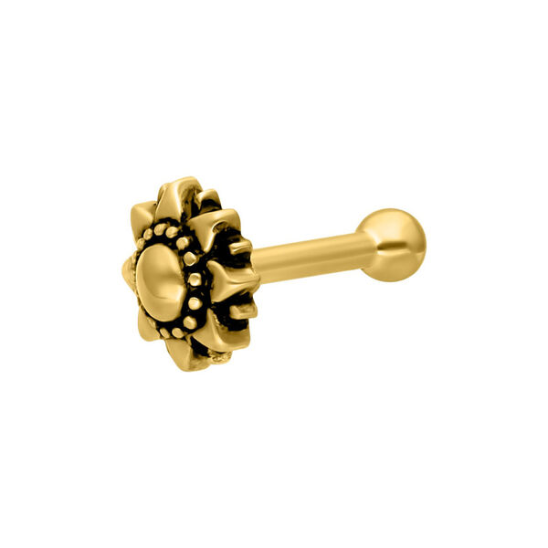 Barbell para oreja dorado en forma de girasol sobre fondo blanco