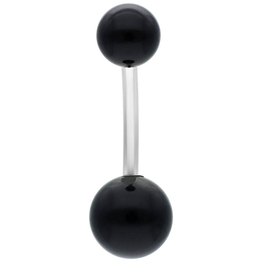 Piercing Banana Bell nero in titanio con due sfere su sfondo bianco
