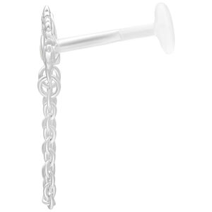 Silberfarbenes Labret mit Kristallaufsatz und Kettendetail vor weißem Hintergrund
