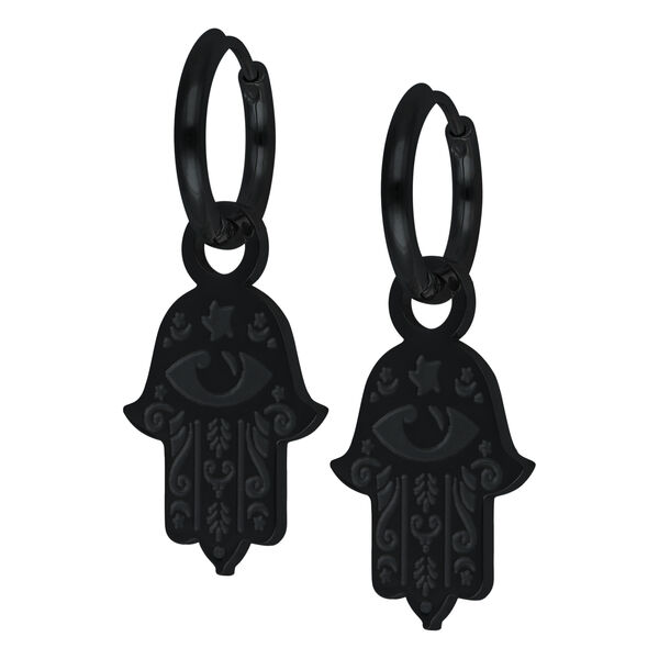 Orecchini Hamsa Hand neri in acciaio chirurgico su sfondo bianco