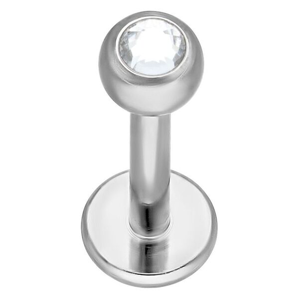 Labret plateado con piedra cristalina sobre fondo blanco