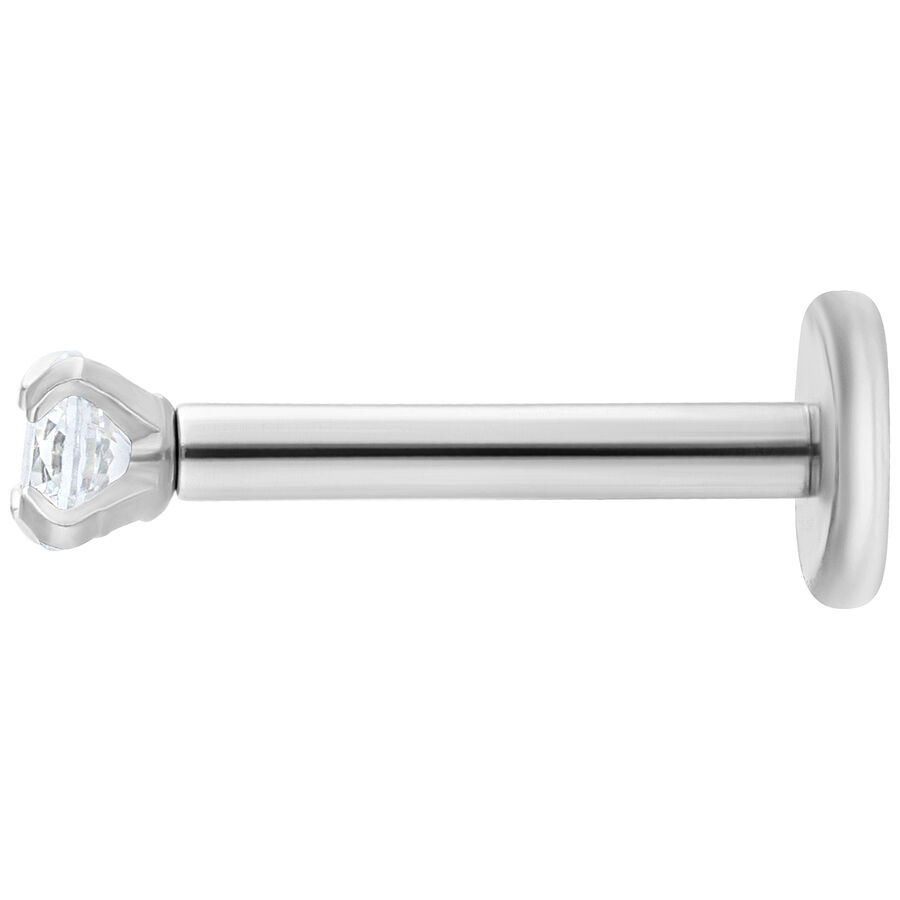 Silbernes Labret mit rundem, klarem Kristall auf weißem Hintergrund