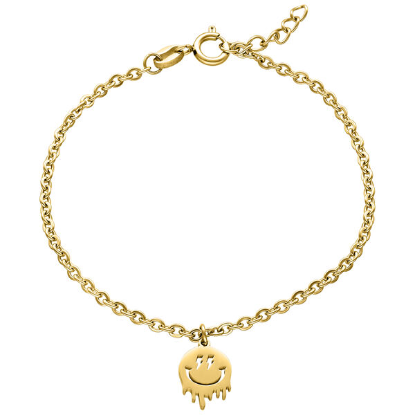 Pulsera dorada con colgante de Smiley sobre fondo blanco