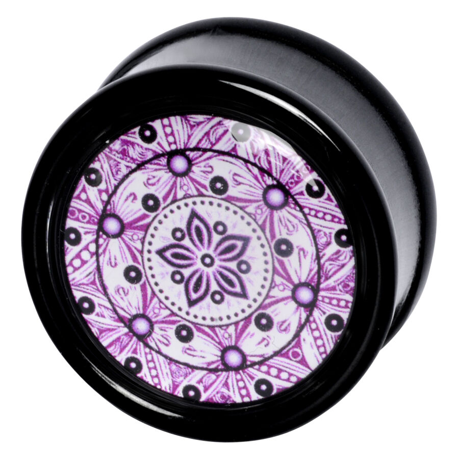 Pyöreä Flower Plug violetilla Zendala-kuviolla mustalla taustalla