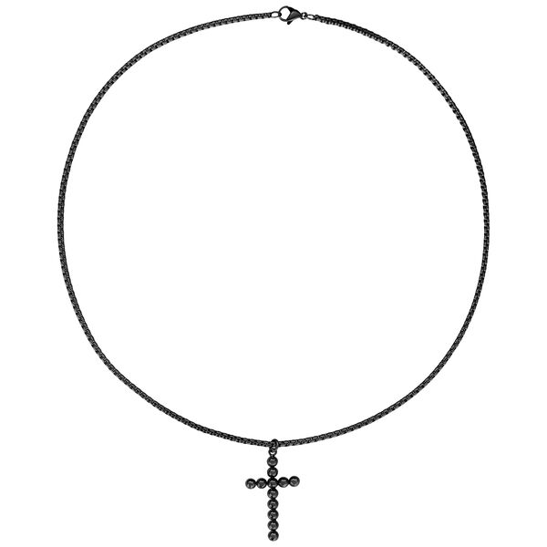 Cadena de cruz negra de acero quirúrgico con estructura de burbujas sobre fondo blanco