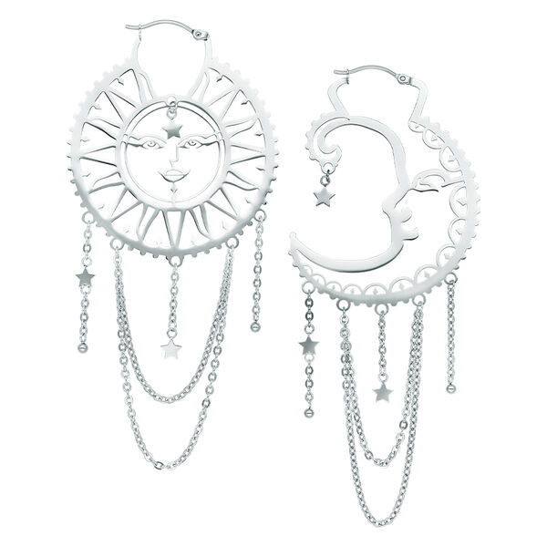 Pendientes plateados en forma de sol y luna con cadenas y estrellas