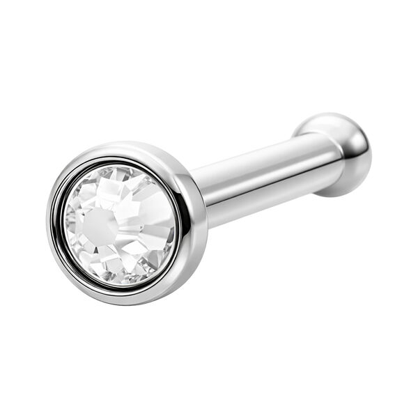 Tornillo nasal plateado con un cristal claro sobre fondo blanco