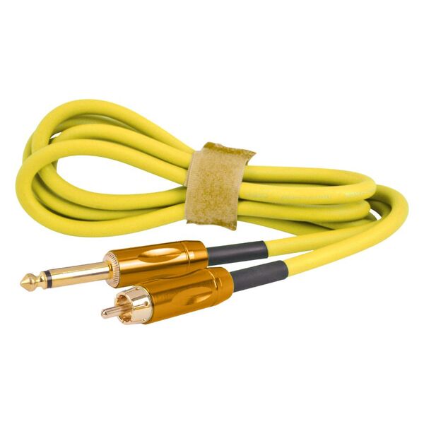 Cable RCA Clip Cord amarillo de silicona sobre fondo blanco