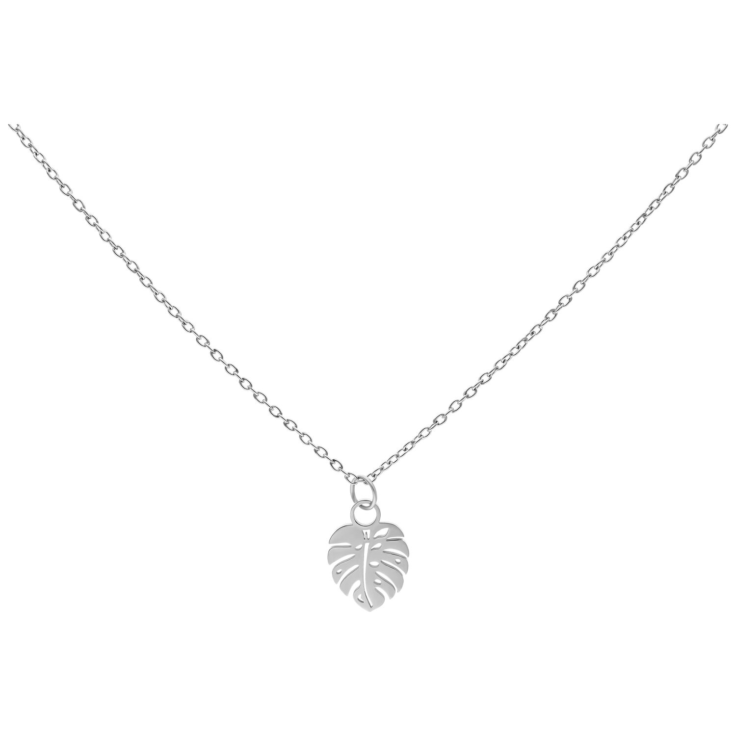 Silberne Kette mit Monstera-Blatt-Anhänger auf weißem Hintergrund