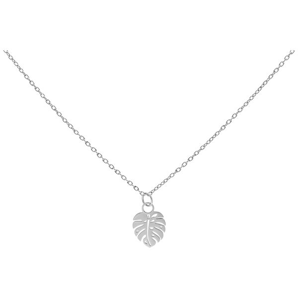 Collar de plata con colgante de hoja de Monstera sobre fondo blanco