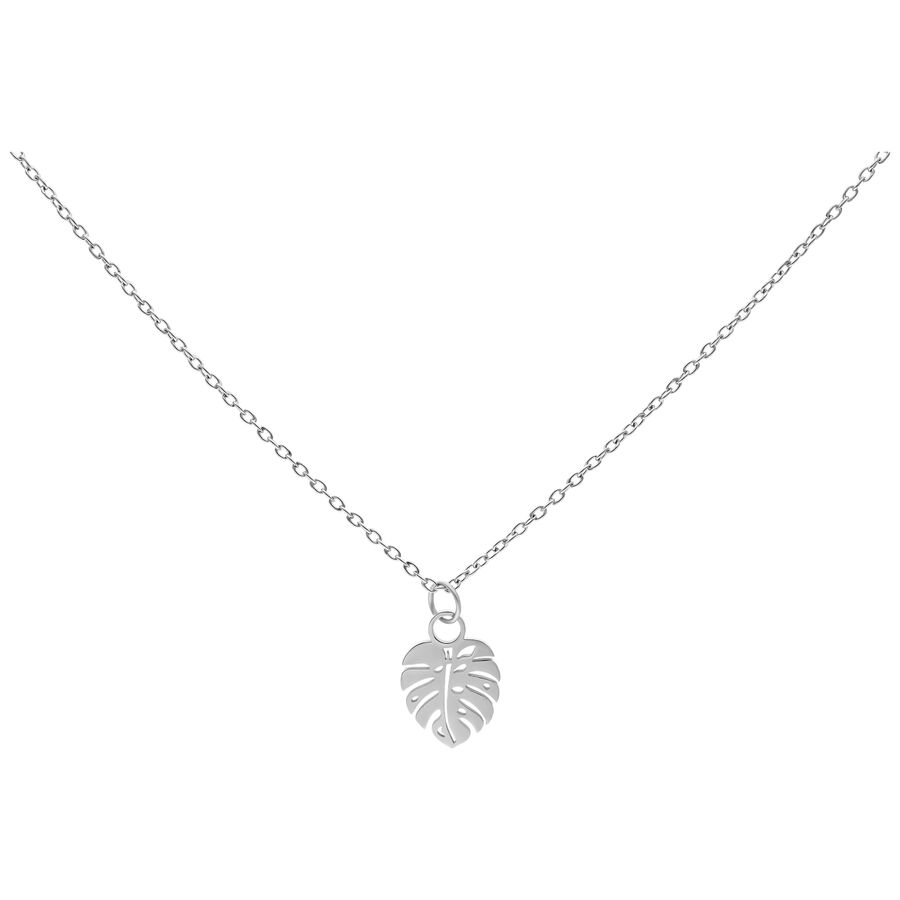 Collar de plata con colgante de hoja de Monstera sobre fondo blanco