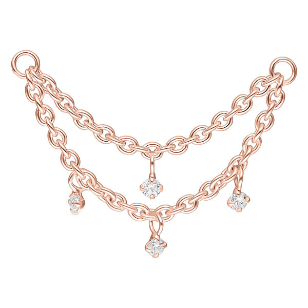 Cadena de piercing de dos capas en oro rosa con cristales claros sobre fondo blanco