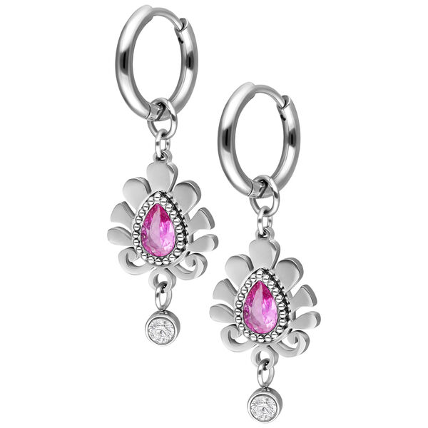 Orecchini d'argento con pietra a goccia rosa e pendente di cristallo trasparente