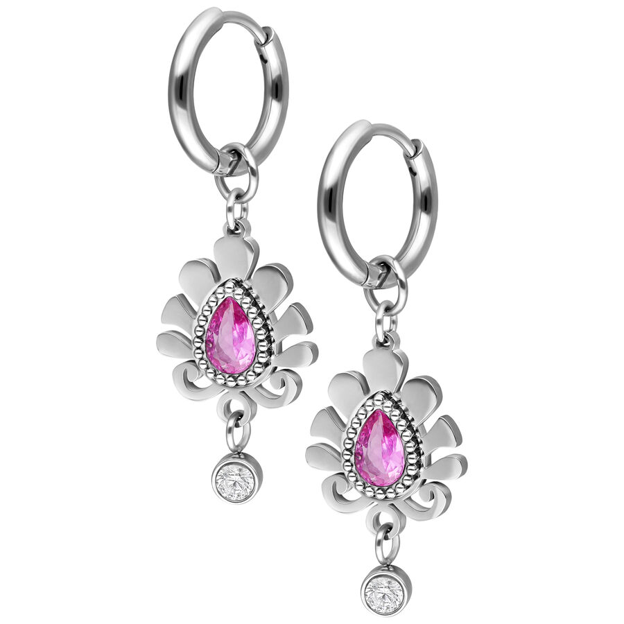 Orecchini d'argento con pietra a goccia rosa e pendente di cristallo trasparente