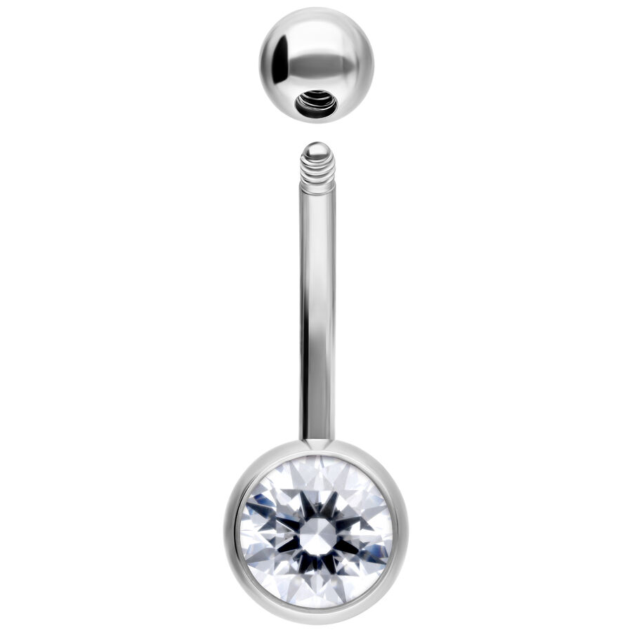 Piercing all'ombelico in metallo argentato con cristallo chiaro, lunghezza 12 mm