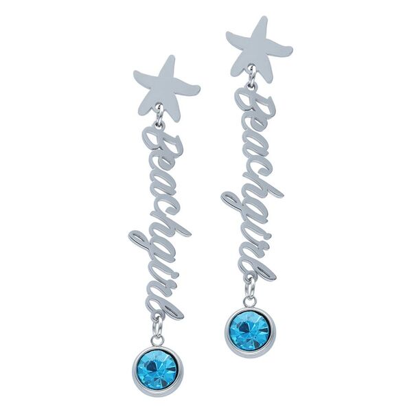 Pendientes de plata con el texto Beachgirl y cristal color aguamarina sobre fondo blanco