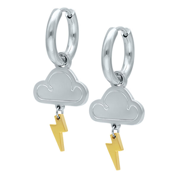 Pendientes plateados con colgante de nube y relámpago dorado sobre fondo blanco