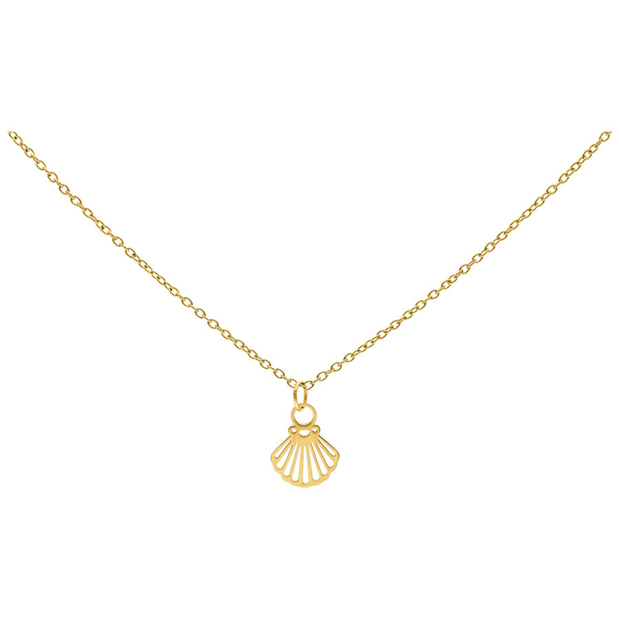 Collana d'oro con ciondolo a forma di conchiglia su sfondo bianco