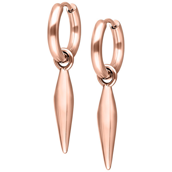Aros de oro rosa con colgante alargado sobre fondo blanco