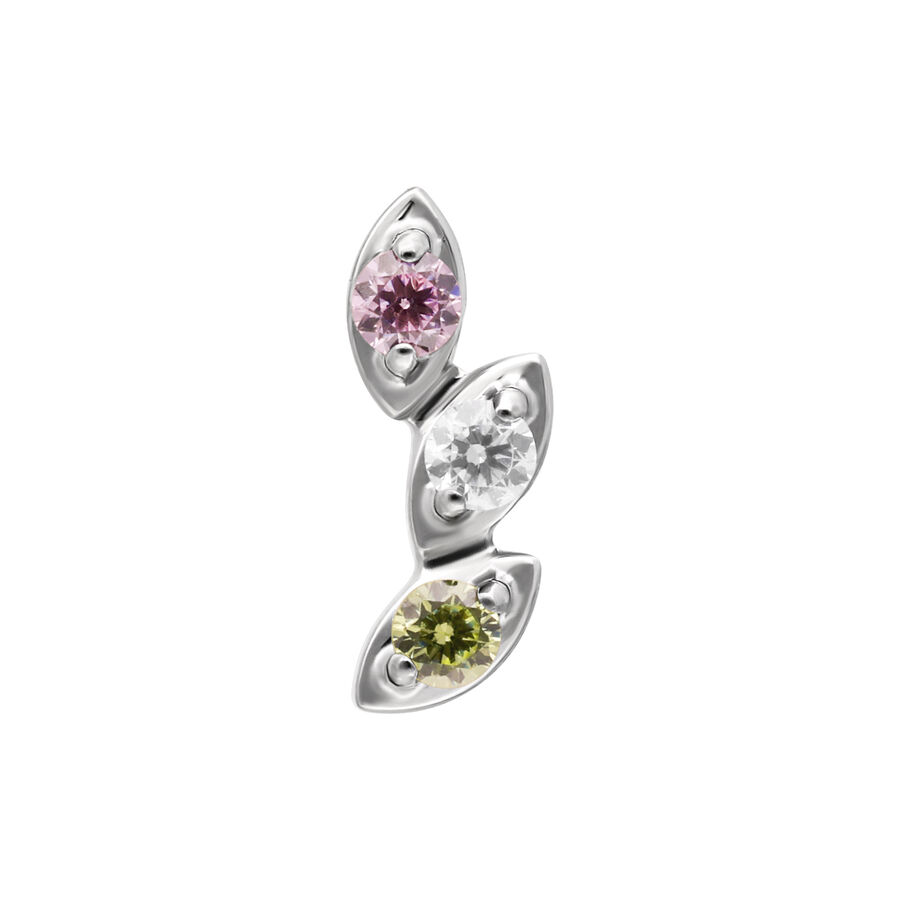 Accessorio piercing argento con cristalli rosa, chiari e verdi su sfondo bianco
