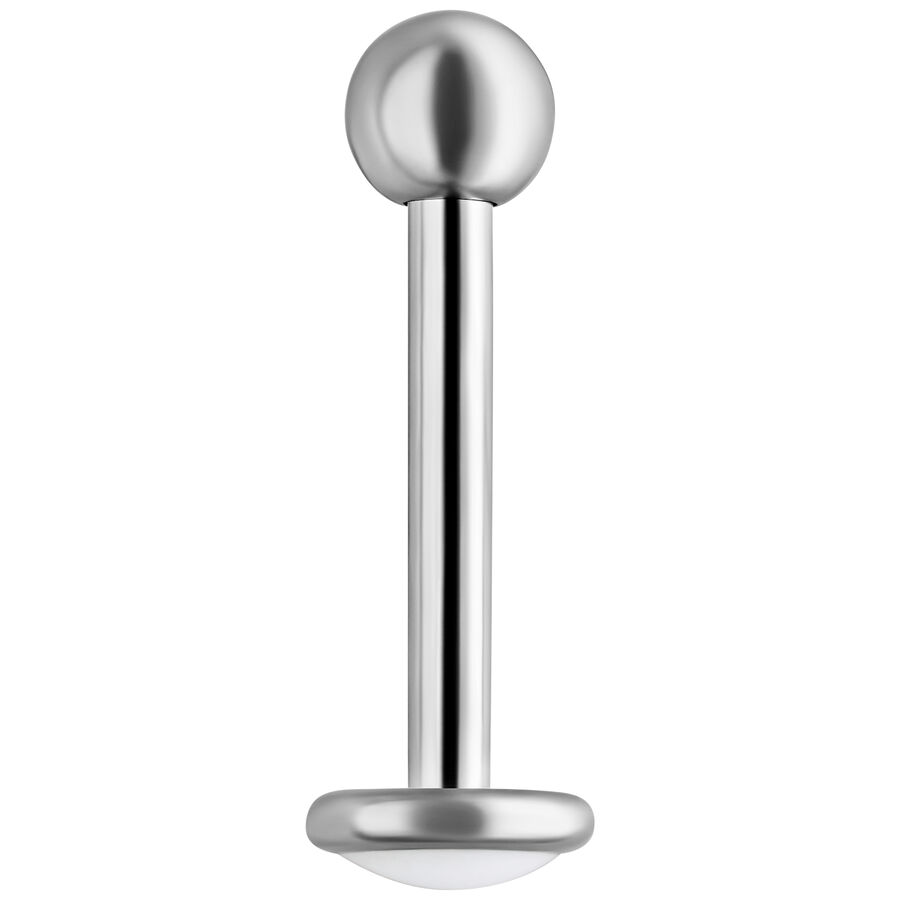 Labret in titanio argento con sfera su sfondo bianco, filettatura esterna