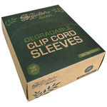 Scatola marrone con custodie clipcord biodegradabili, scritta verde