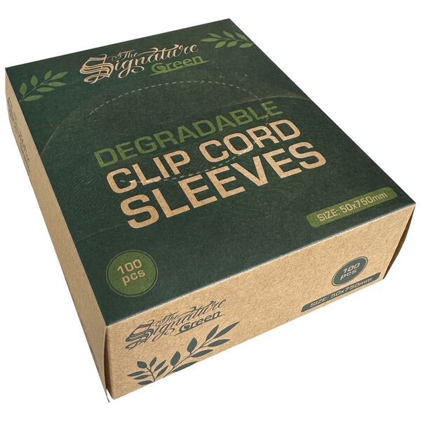Scatola marrone con custodie clipcord biodegradabili, scritta verde